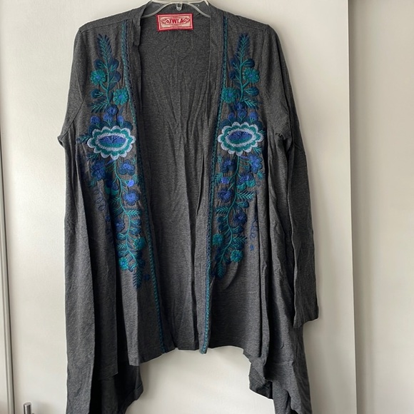Johnny Was Los Angeles Draped Cardigan Embroidered Open Shrug Knit  L flaw B15 - Picture 1 of 7